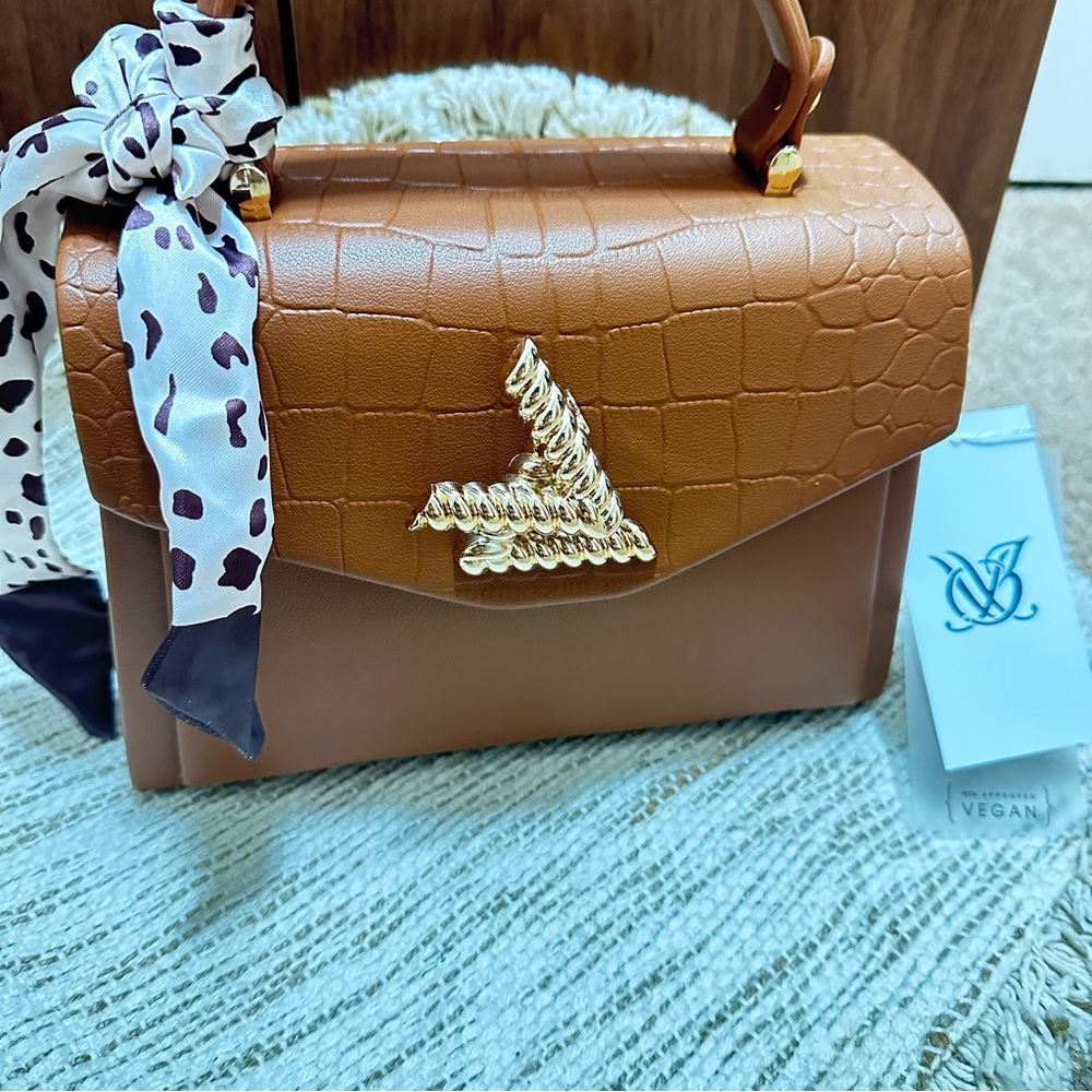 Elegant Brown Vegan Leather Satchel with Scarf Accent